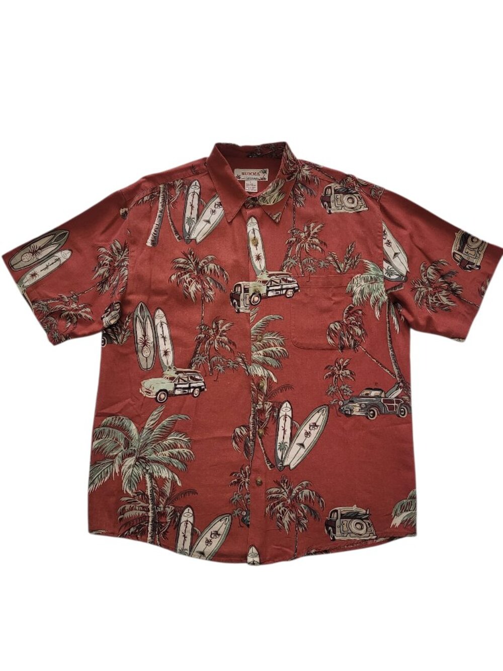 Summa Red Hawaiian Silk Blend Shirt Surfboard Woody Wagon Print Mens Large
